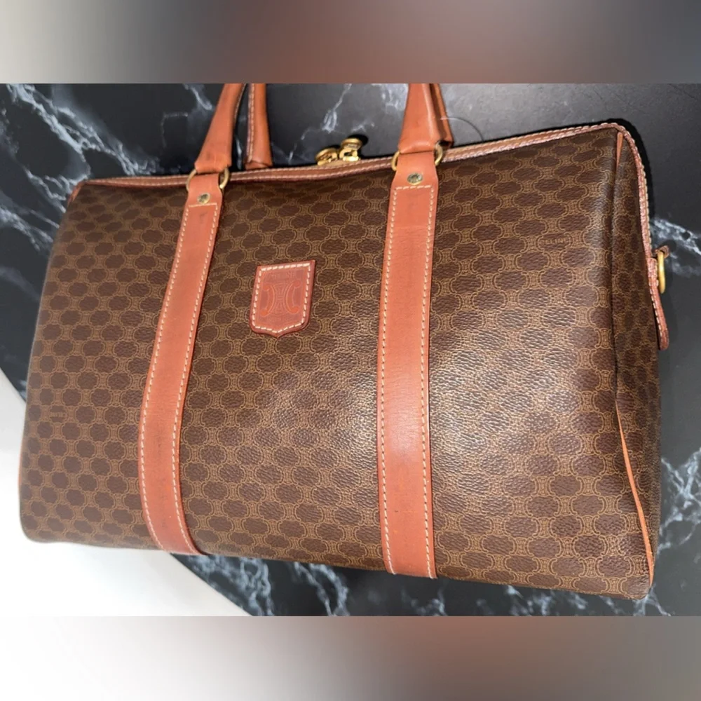 CELINE MACADAM PATTERN BOSTON BAG BROWN PVC GOLD w/ KEY LOCK AUTHENTIC - Picture 7 of 15